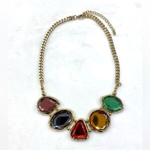 Gold-Tone Multi-Colored Gem Necklace — Red, Green, Blue, Pink & Amber